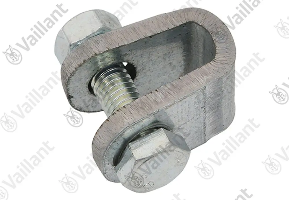 Verbindungsklemme von Vaillant in metallischer Optik, mit Schraube und Mutter zur Befestigung, in U-Form gestaltet.